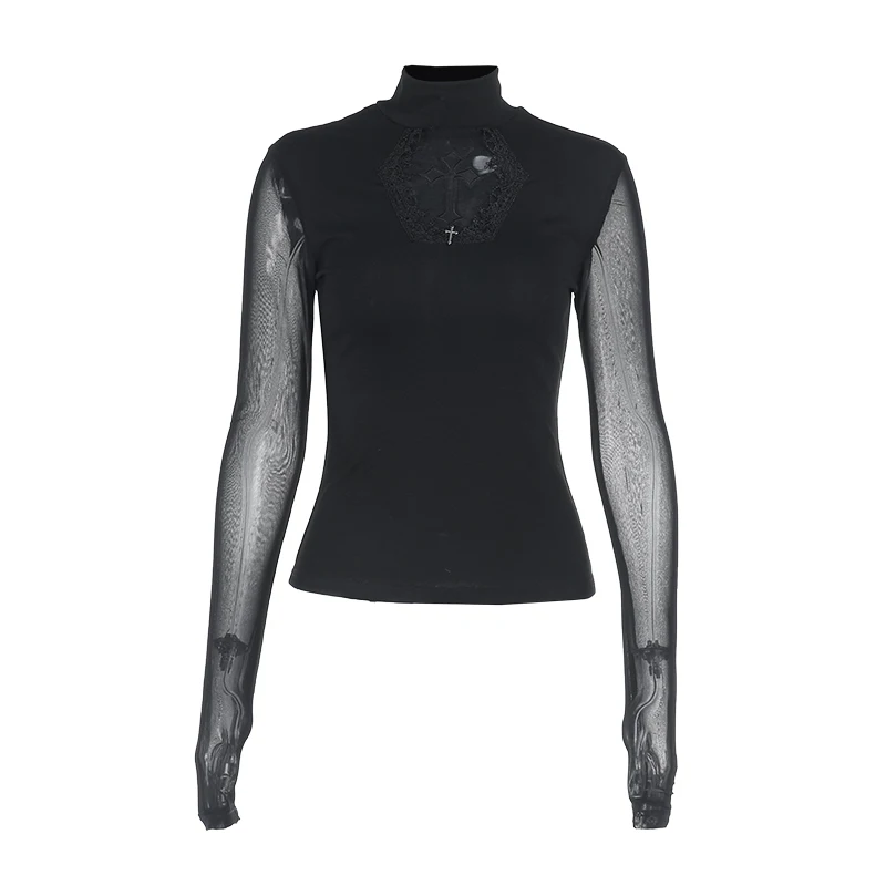 Lilac XN Goth Black Lace Mesh Long Sleeve T-Shirts Y2K Sexy Cross High Collar Women Corset Tops Tees Fashion Summer Streetwear