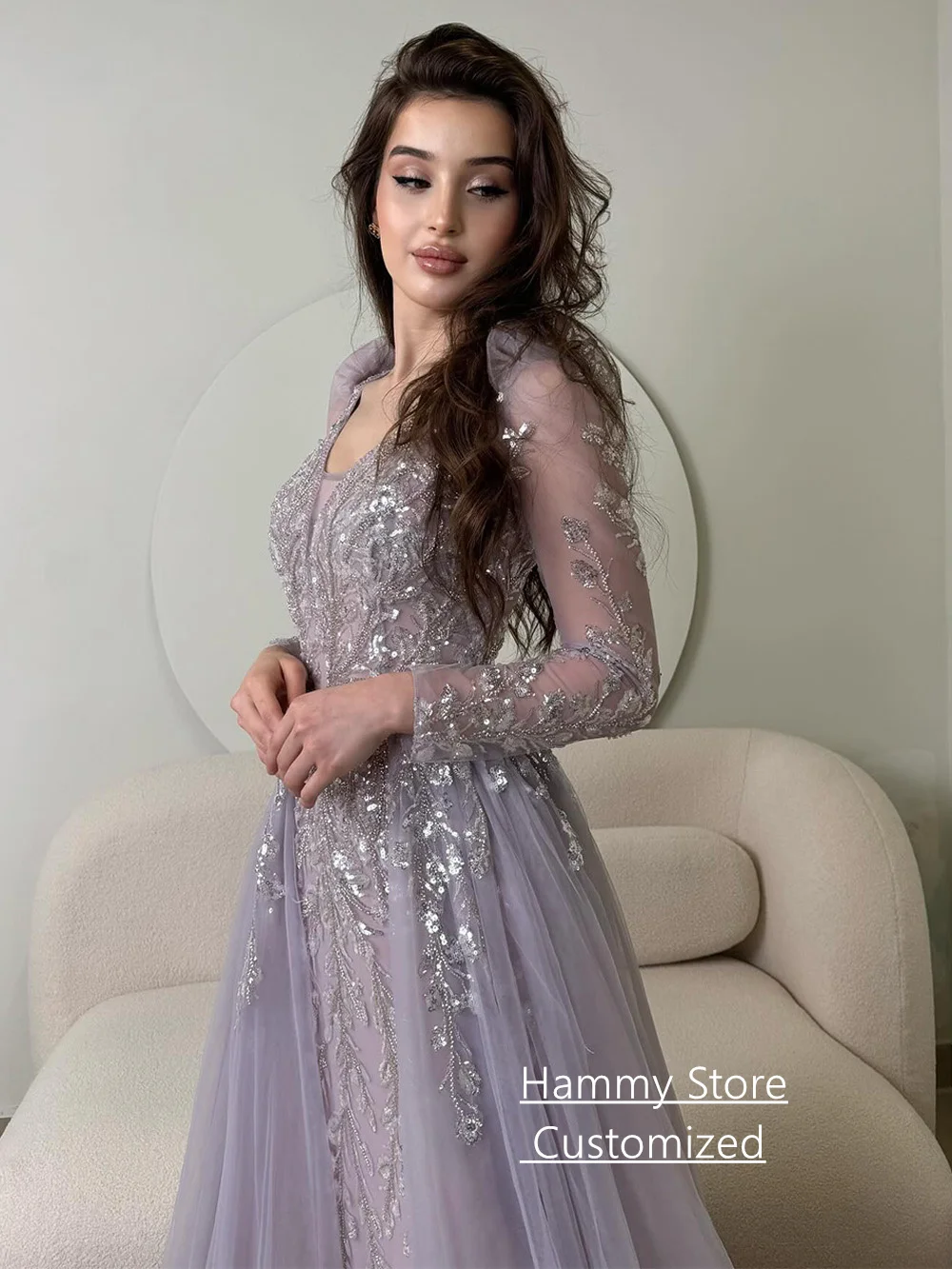 فستان سهرة متألق مع ذيل تول مخصص بياقة على شكل V وأكمام طويلة مطرز بالترتر حورية البحر فستان حفلات فيستدوس دي فييستا