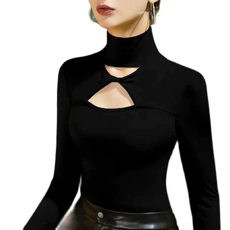 MadBlack European Clothing Tshirt Women Sexy Turtleneck Hollow Out Slim Modal Tops Long Sleeve Tee Autumn Winter T37020JC