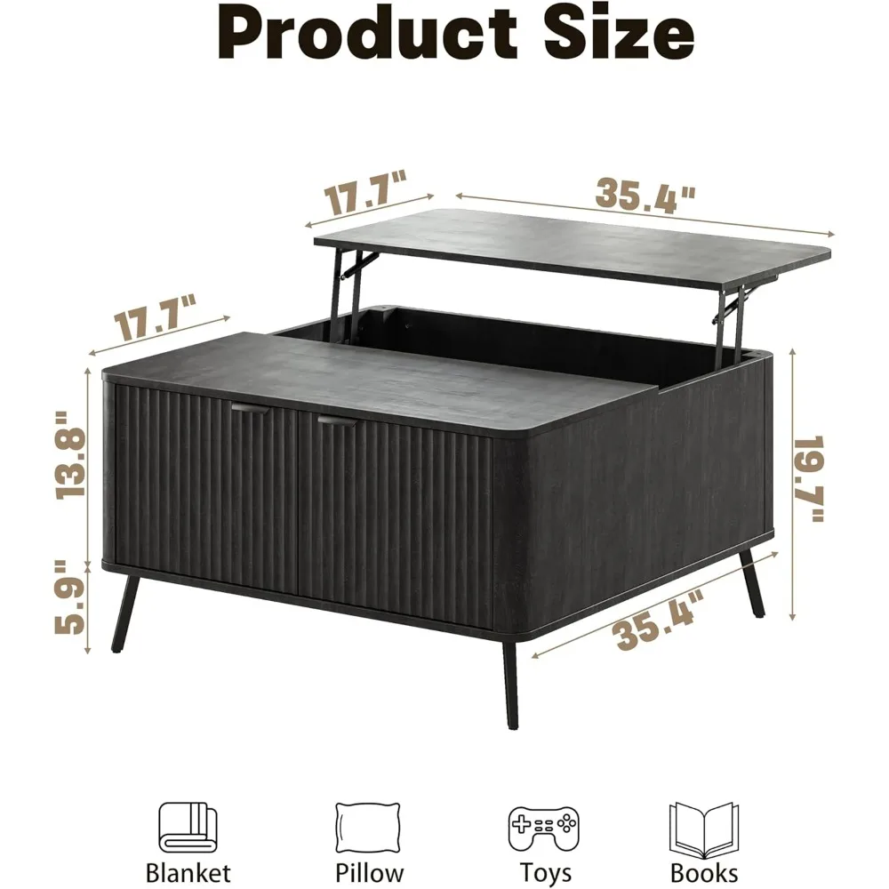 Lift Top Coffee Tables, 35.4" Square Coffee Tables with Storage, Modern Fluted Center Table with Hidden Storage Compartment