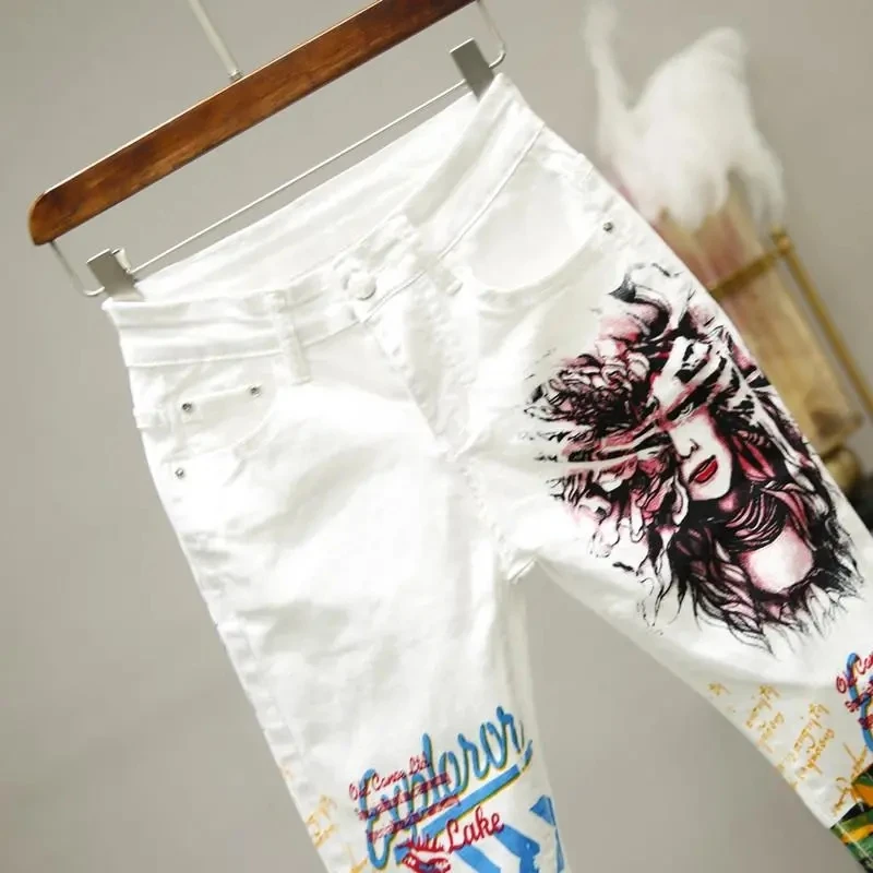 2022new Women White Denim Jeans Cartoon Graffiti Flowers Print Stretched Hallen Jeans Pencil Pants Autumn Skinny Jeans