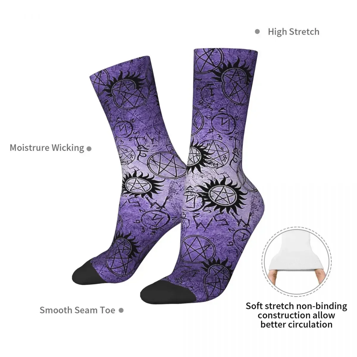 Supernatural Purple Socks Harajuku Sweat Absorbing Stockings All Season Long Socks Accessories for Man\'s Woman Birthday Present