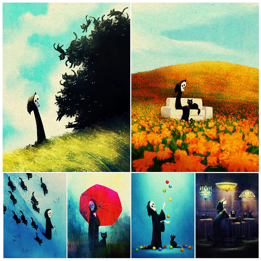 

Cute Death And Black Cat Pets Vintage Wall Art Canvas Painting Happy Death God Illustration Art Poster And Print Home Decoration