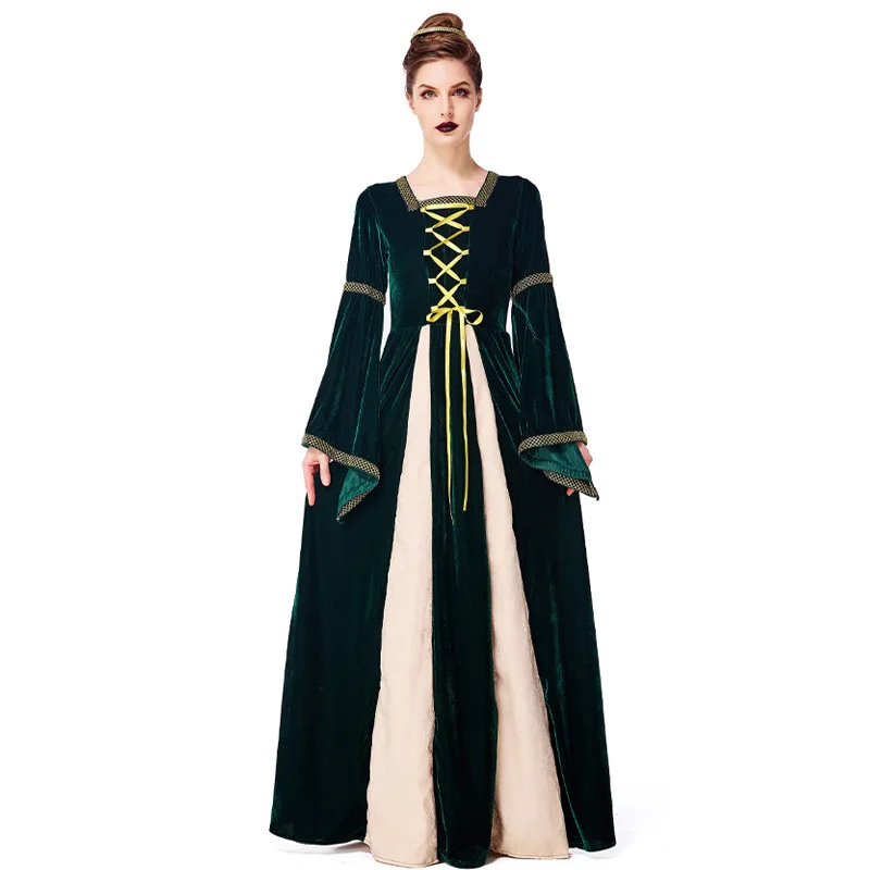 Women Cosplay Costumes Vintage Victorian Court Dress Queen Princess Green Red Velvet Medieval Gown Carnival Halloween Costume view 2