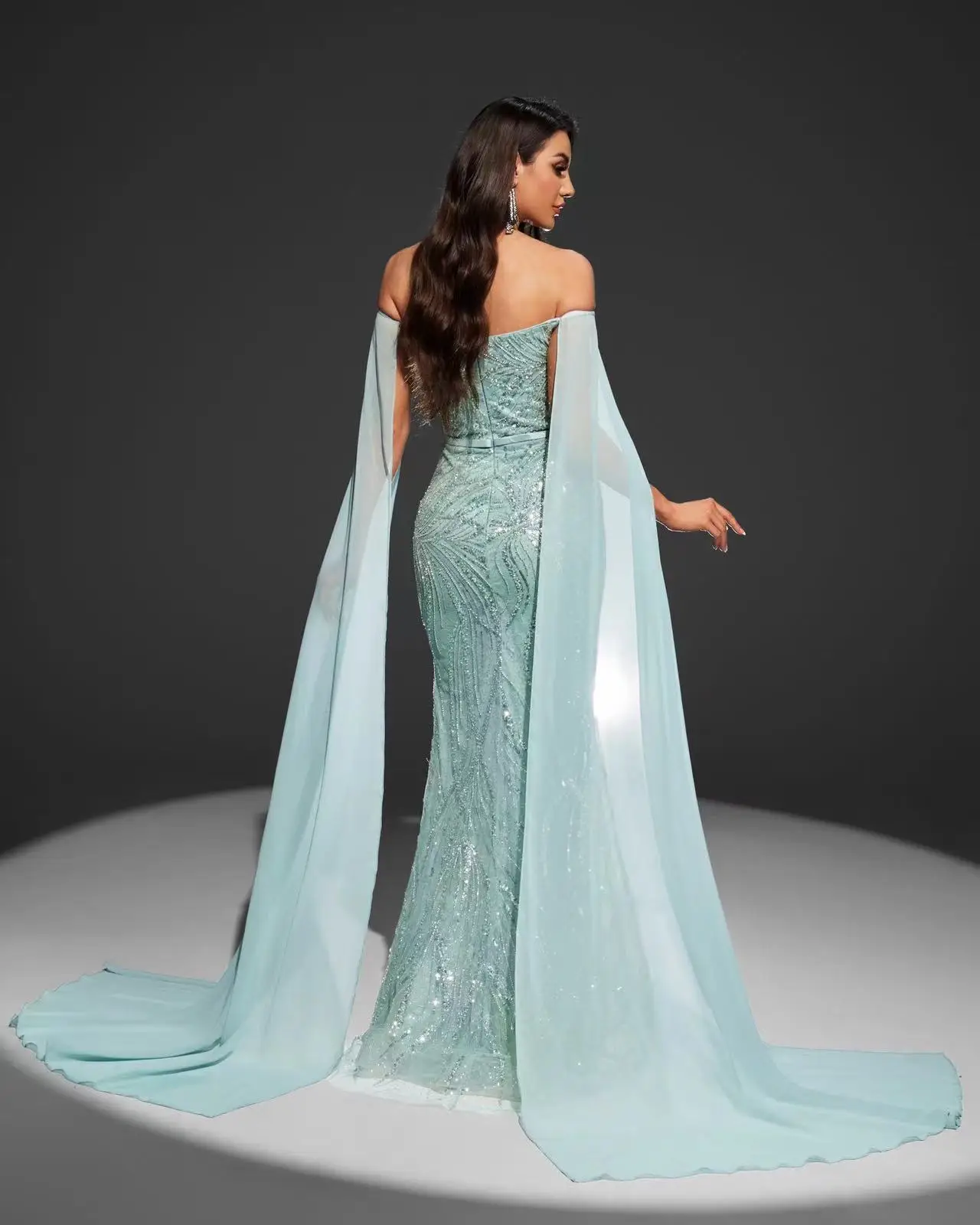 (تخفيضات) فساتين حفلات فاخرة طويلة الأكمام من شاليمار تشانغ باللون الأخضر لفساتين ذيل السمكة تنورة ماسية مصنوعة يدويًا حسب الطلب