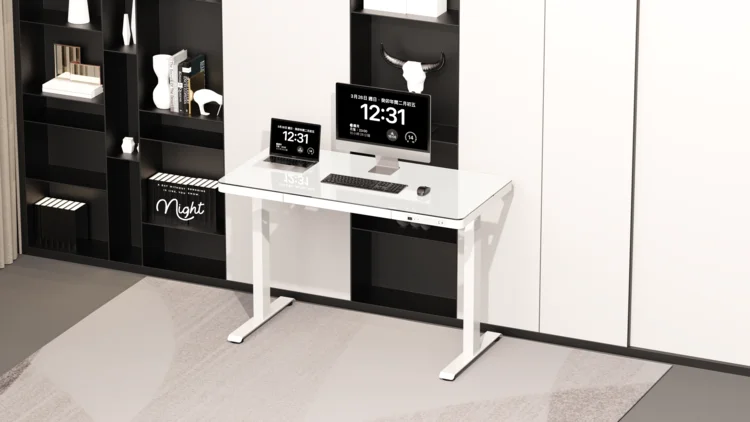 

Electric Standing Desk with Drawer 47x 23 Inches Height Adjustable Desk Ergonomic Tempered Glass Sit Stand Desk