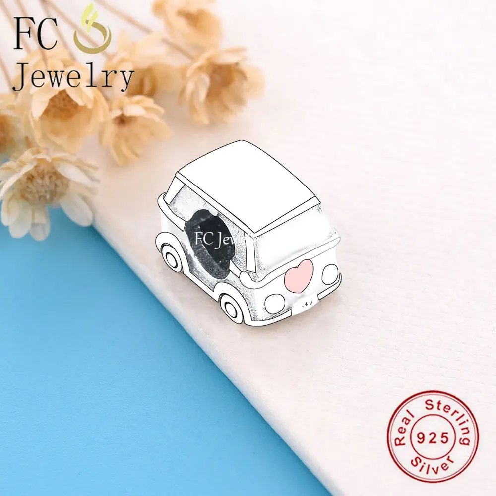 FC Jewelry Fit Original Pan Charms Bracelet 100% 925 Silver Pink Enamel Camping Car Bus Bead Making For Women Wedding Berloque