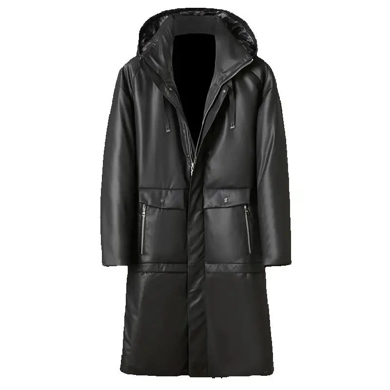 

2025 new arrival winter 90% white duck down hooded jackets men,natural real leather long coat ,Plus-size M-5XL 2111
