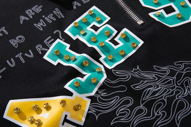 Y2K Streetwear Oversized Half-Zip Poloshirts für Männer, Bunter Glänzender Diamant-Graffiti-Druck, Locker Sitzend, Hip-Hop Casual T-Shirt – Detail 14