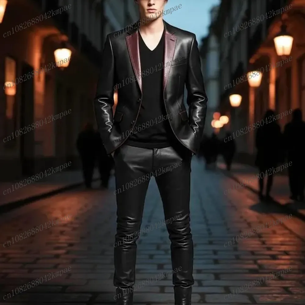 

Burgundy Collar Black Satin Men Suit Formal Groom Groomsman Wedding Party Prom Male Business Tuxedos 2 Piece Set Blazer Pants