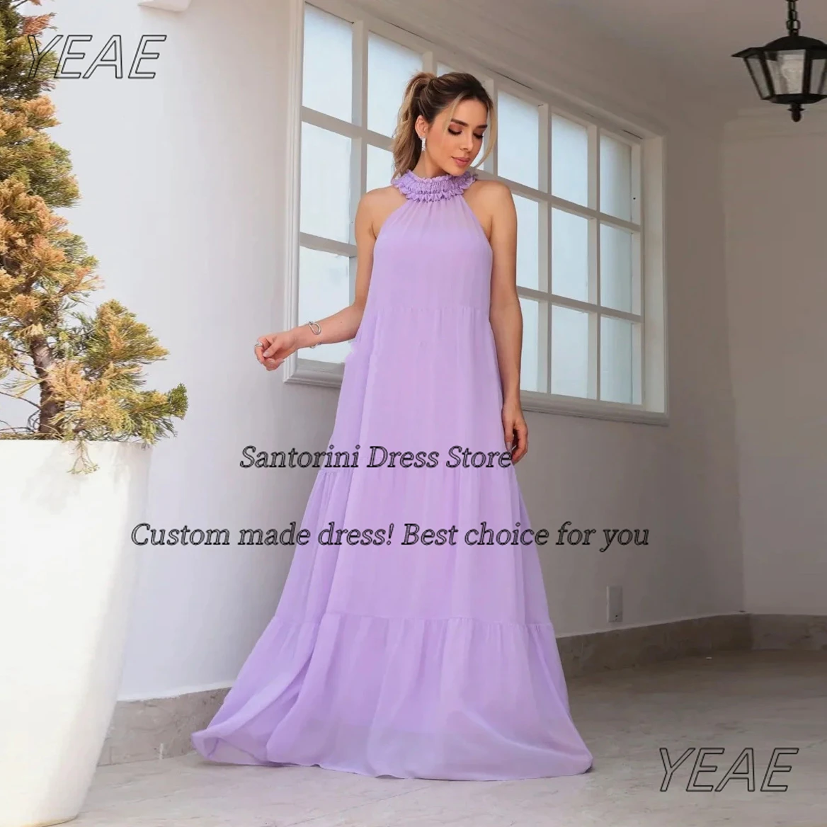 

Santorini Customized Ruched Halter Neck Prom Dresses with Ribbon Sash Bridesmaid Dress for Weddings Long Evening Party Gowns