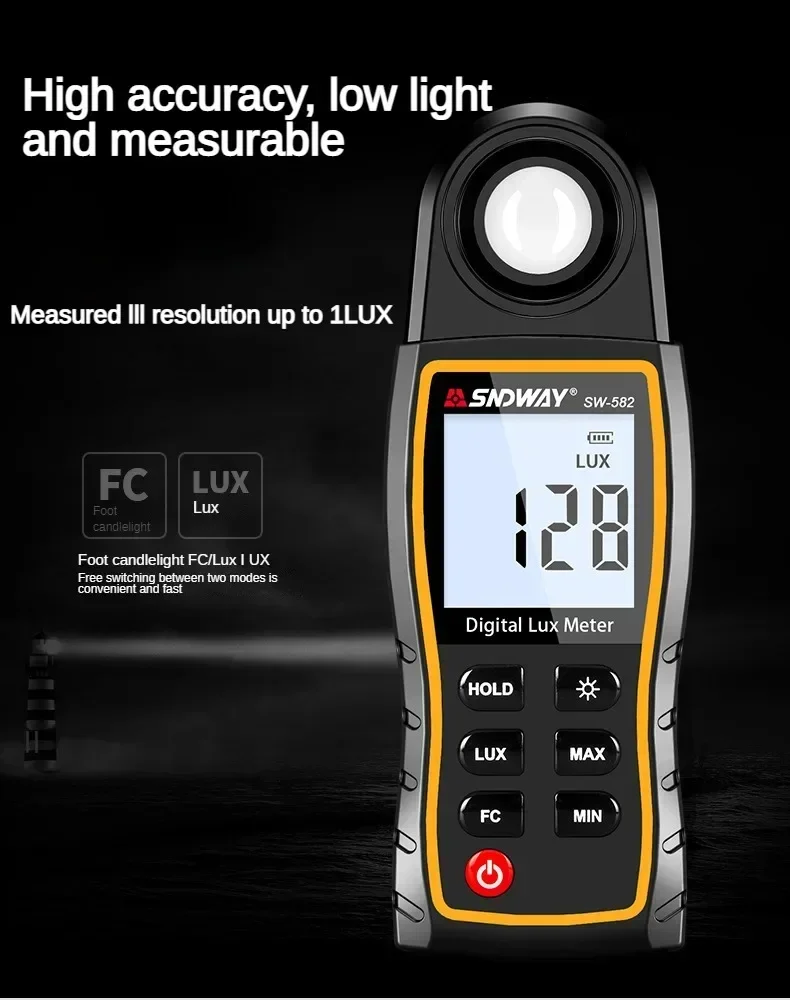 Premium Stable SNDWAY Digital Lux Meter SW-582 Light Meter 199,900 Lux Rotatable Sensor Lux/FC High Precision Illuminometer Pome