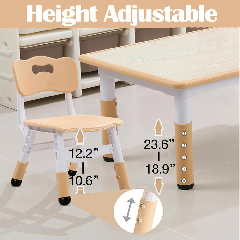 Juego moderno de mesa para niños y 6 sillas, mesa para niños pequeños de 47,20 pulgadas de altura ajustable y juego de 6 sillas con patas y organizador de escritorios antideslizantes