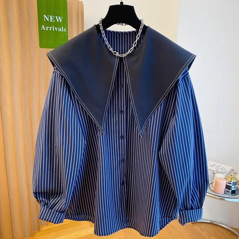 

Oversized Peter Pan Collar Long Sleeve Blouse Autumn All-match Striped Sailor Collar Loose Shirts Women Clothing Buttons Top Tee