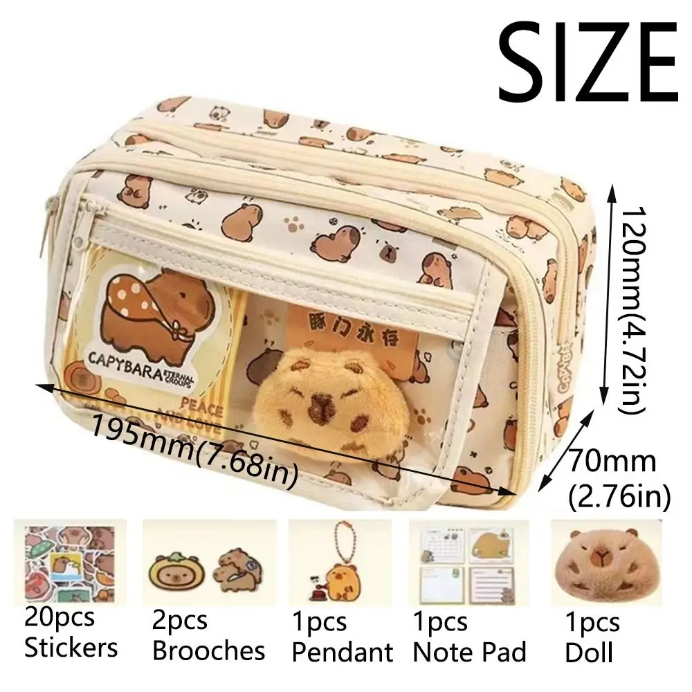 Creative Capybara Pen Case 5 Layers Large Capacity Capybara Pen Holder Transparent with Front Pocket Zipper Pencil Pouch