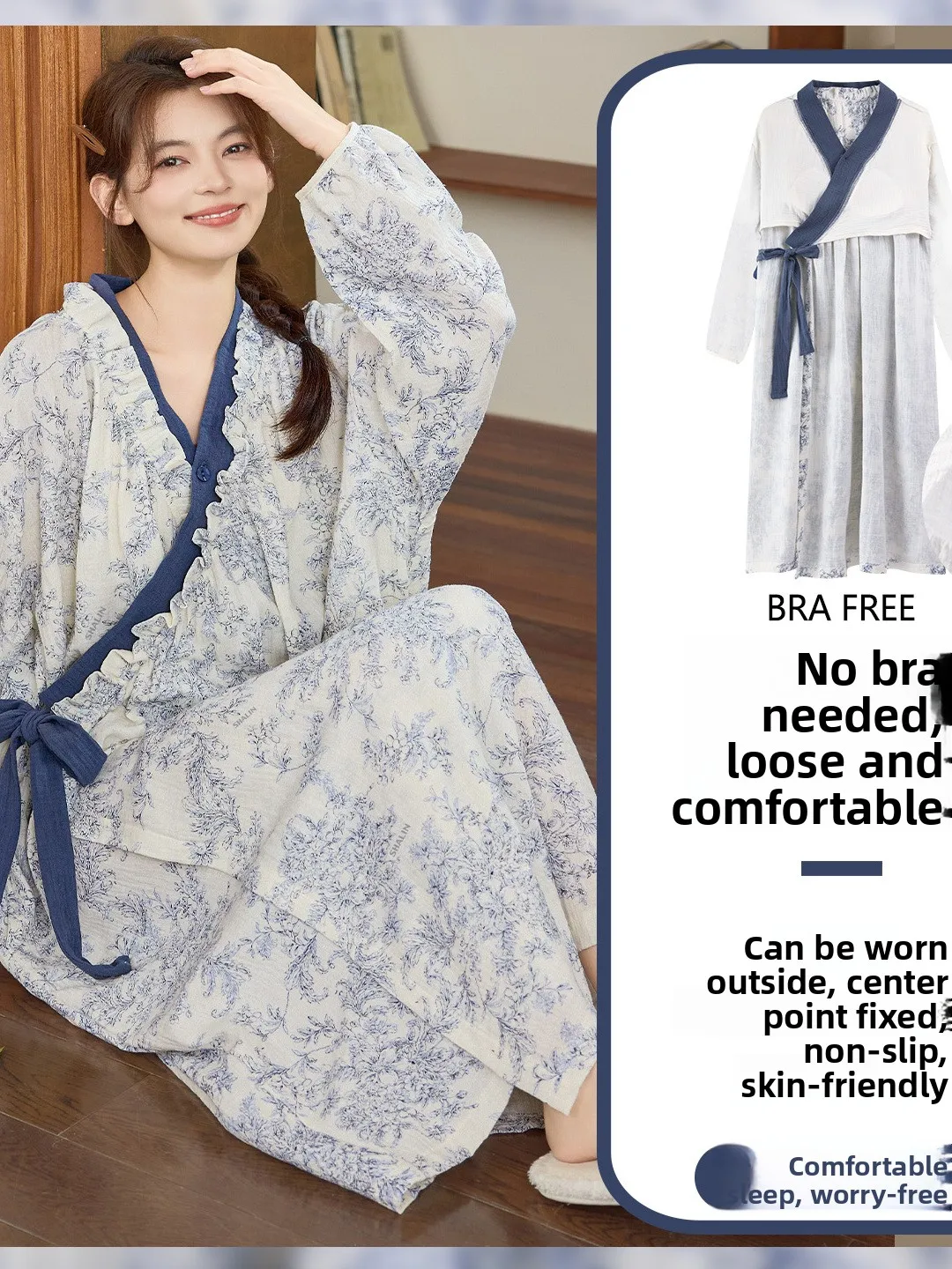 

Pure Cotton Cloud Pattern Sleepwear Long Sleeve Women's Style Sweet Japanese Style Mid-Length Robe with Chest Pad for Spring ...