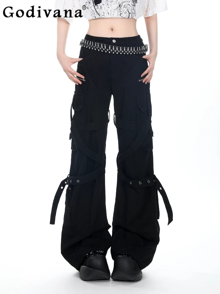 

Spring Summer Girl American Retro Multi-pocket Lace-up Bootcut Jeans Loose Age Reduction Solid Color Leisure Straight-leg Pants