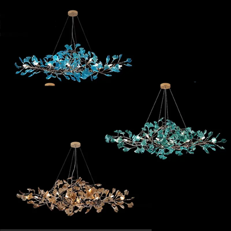 Modern Ginkgo Leaf Glass Chandelier for Staircase Stairwell Brass Green Brown Blue Dimmable Ceilings Lustre