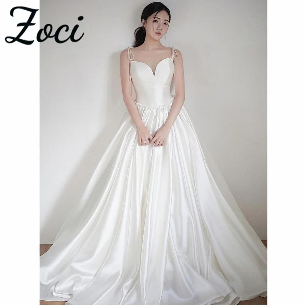 

Zoci Elegant Satin A Line Korea Wedding Dresses Spaghetti Straps Floor Bride Dress Photos Shoot Customized Corset Bridal Gown