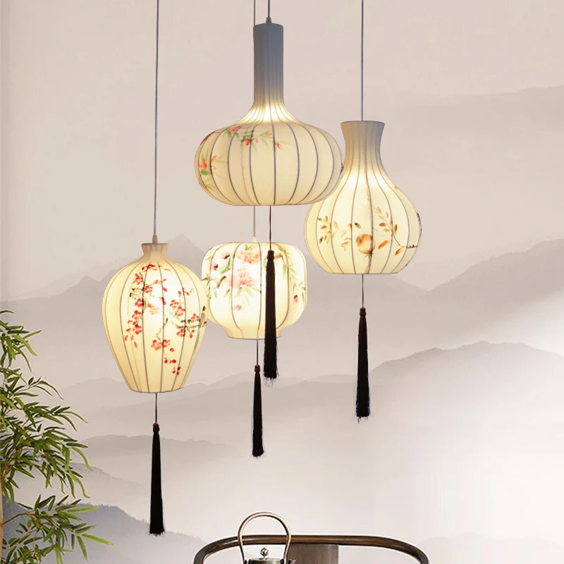

New Chinese lantern chandelier, restaurant, hotel clubhouse, hall, Chinese style Zen, tea room, hand-painted fabric