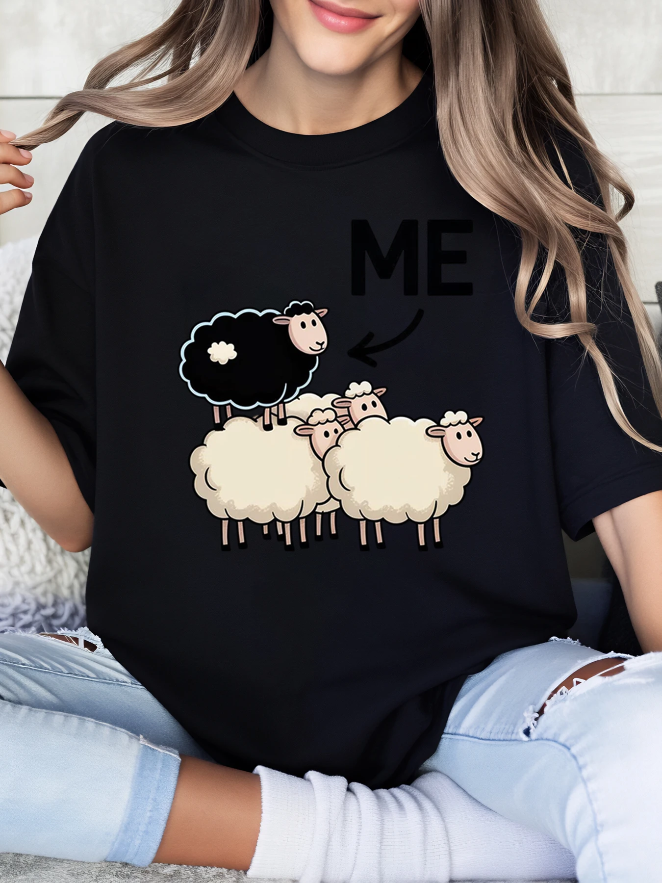 羊と私 プリント ハロウィン Tシャツ レディース カジュアルウェア ブラック プラスサイズ