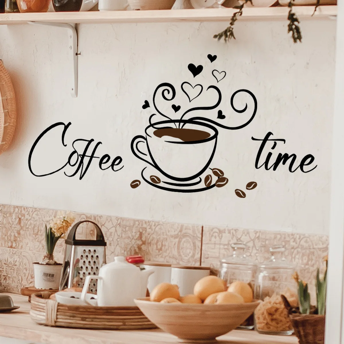 English Coffee Time Coffee Cup Wall Stickers Pantry Lounge Kitchen Background Decoration Wall Stickers Self-adhesive