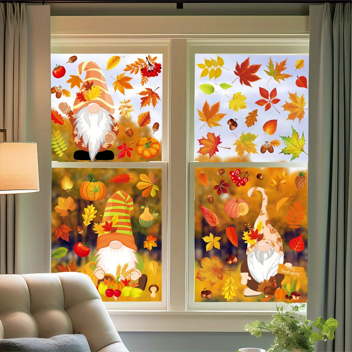 Thanksgiving Autumn Decoration Window Stickers,Self-adhesive Decorations Glass Window Pictures Autumn Leaves and dwarves Sticker