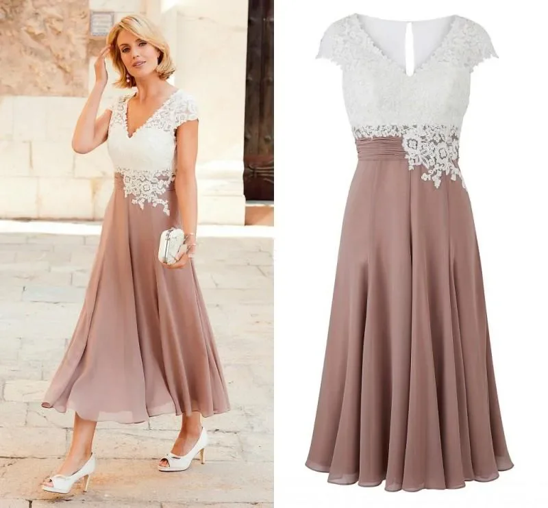 Newest Mother of the Bride Dress Deep V Neck Chiffon Tea Length Wedding Guest Dress Short Sleeves Top Lace Groom Party Gowns