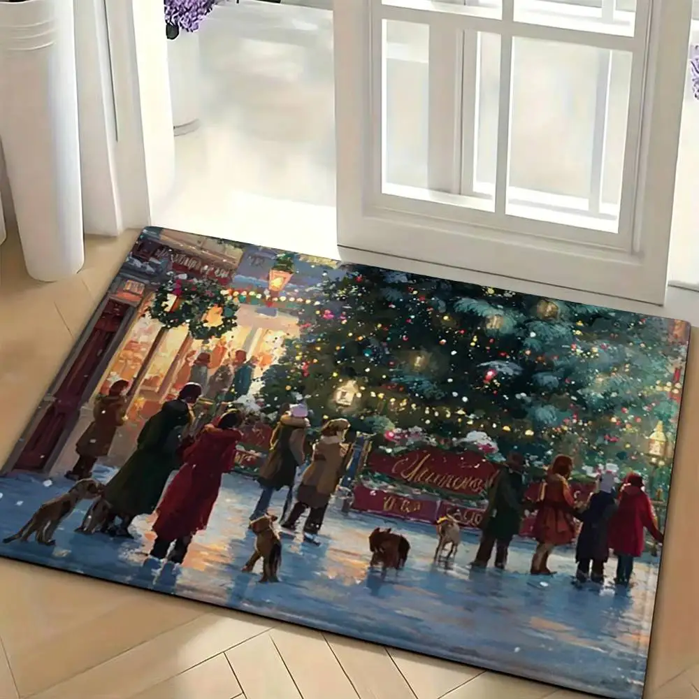 Colorful Christmas Art Town Floor Mat Soft Non Slip for Entry Door Bathroom Indoor Home Decorative Carpet