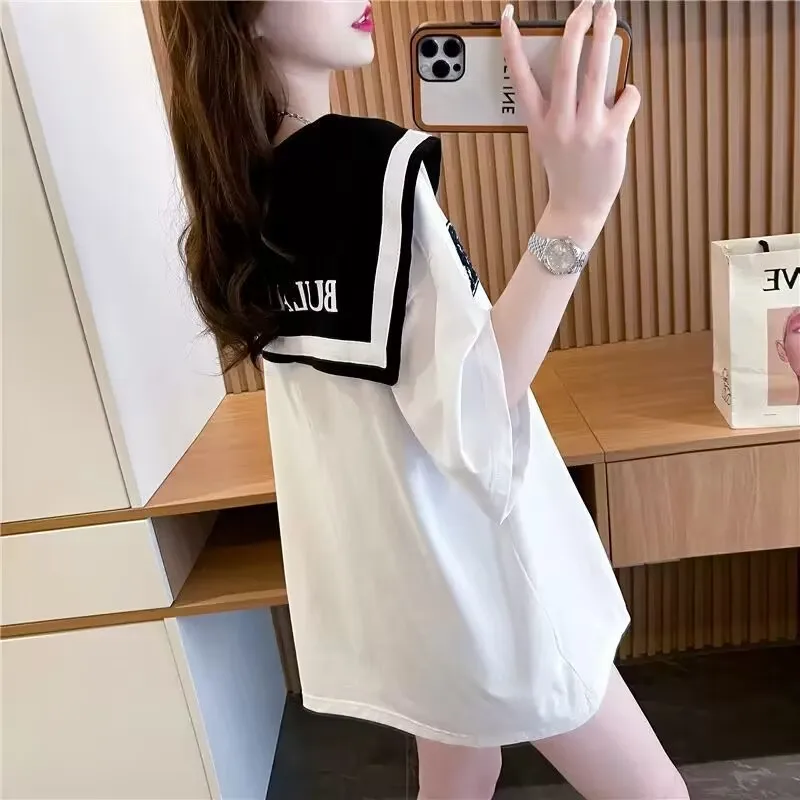 2023 Sailor Collar Short Sleeve T-shirt New Summer Women Cotton T Shirt Students Casual Tee Top Female Loose Short T-shirt