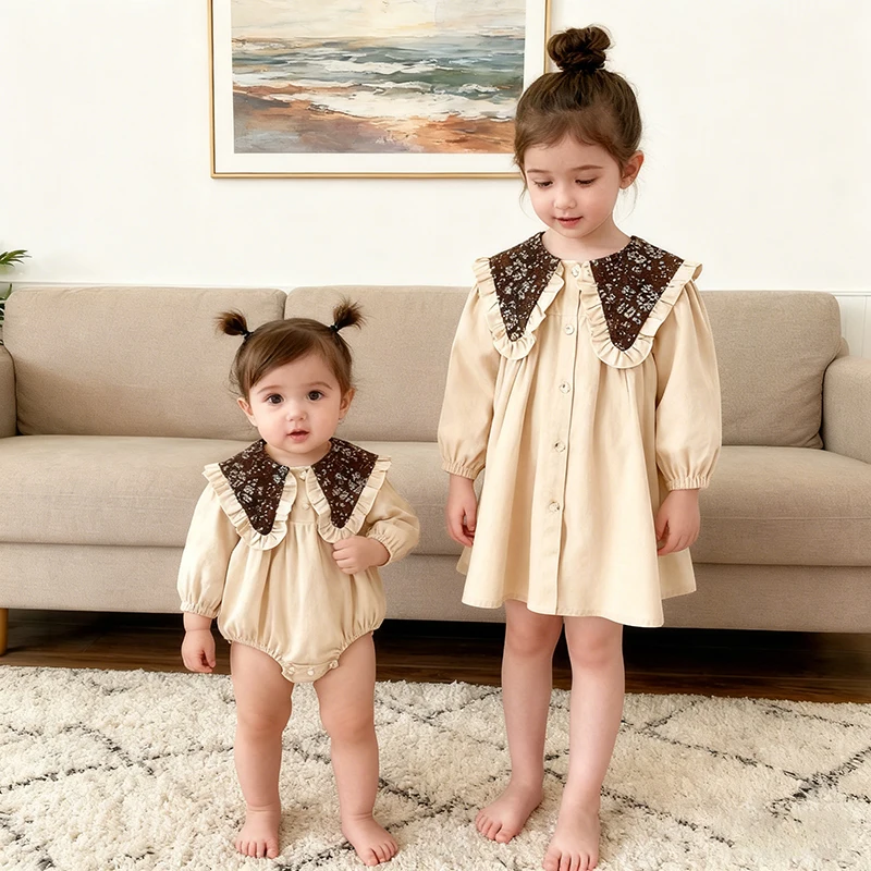2026 neue Frühjahr 0-6Yrs Schwester Kleid Mädchen Party Kleid Retro Großen Revers Lange Ärmeln Baumwolle Kinder Prinzessin Kleid Baby Mädchen strampler