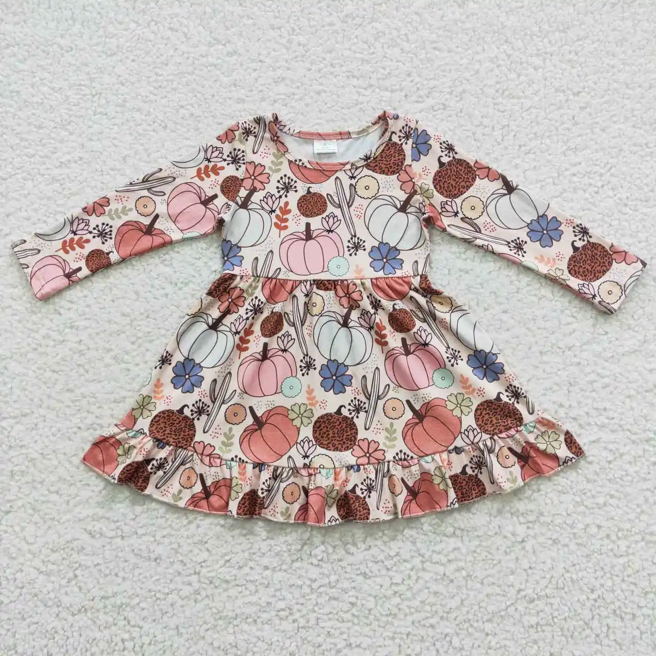 GLD0255 Kids Clothing Christmas Dress Baby Girl Pumpkin Cactus Blossom Beige Long Sleeve Boutique Wholesale