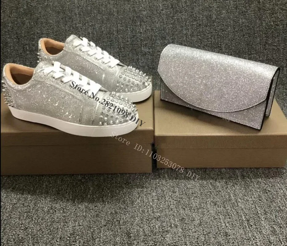 Silvery Flat Rivet Lace Up Casual Shoes Women Clutch Design Crystal Sneakers Round Toe Concise Couple Metallic Glitter Shoe