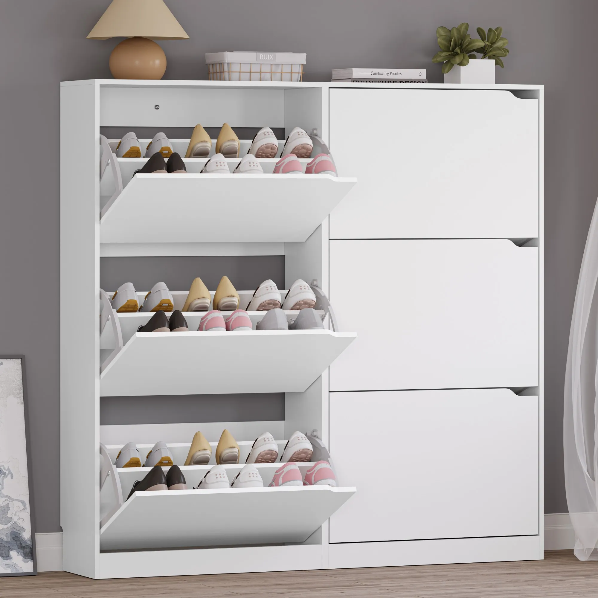 Shoe Storage Cabinet for Entryway with 6 Flip Drawers, Sturdy Wood Hidden Shoe Storage, Freestanding Narrow Slim Shoe Organizer for Front Door Entrance, Living Room, Hallway
