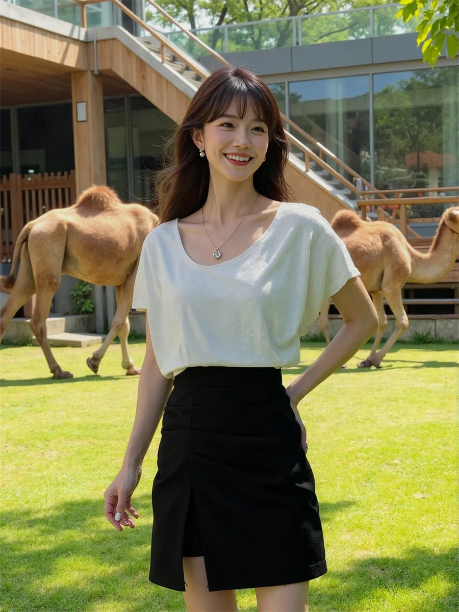 

Pleated Hem Slit White Black Skirts Womens Tiered Pleated Ruffle Cake Layered Applique Modern Sweet Feminina Artistic Elegant