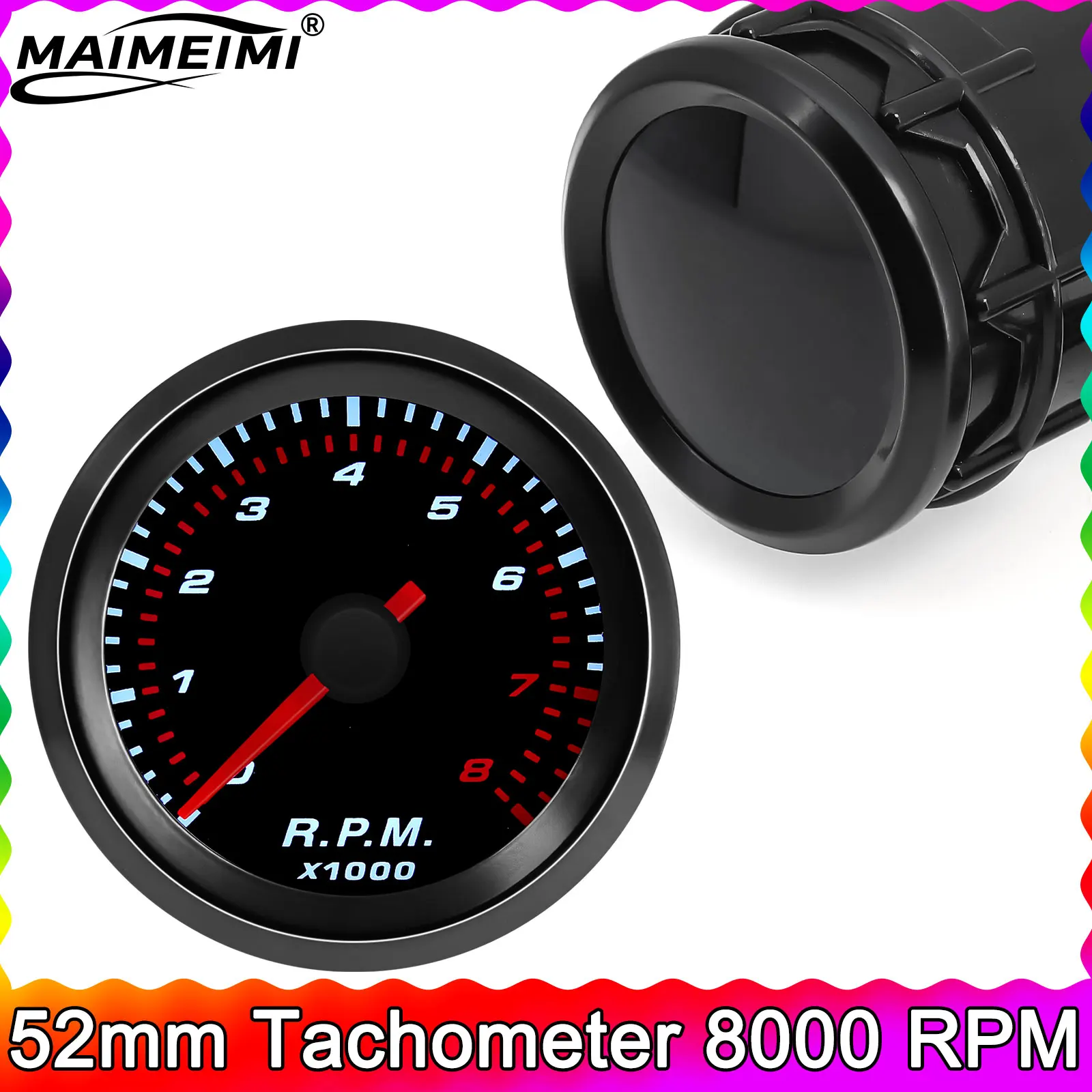 

0-8000 об/мин, автомобильный датчик для 1-8 цилиндров, двигатель, 52 мм, дымовая линза, автоматический тахометр, белый светодиодный тахометр