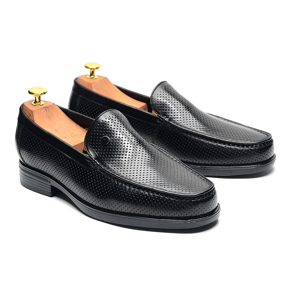 Luxury Classic Italian Style Mens Formal Loafers Black Cow Genuine Leather Slip-on Round Toe Business Office Dress Shoes for Men