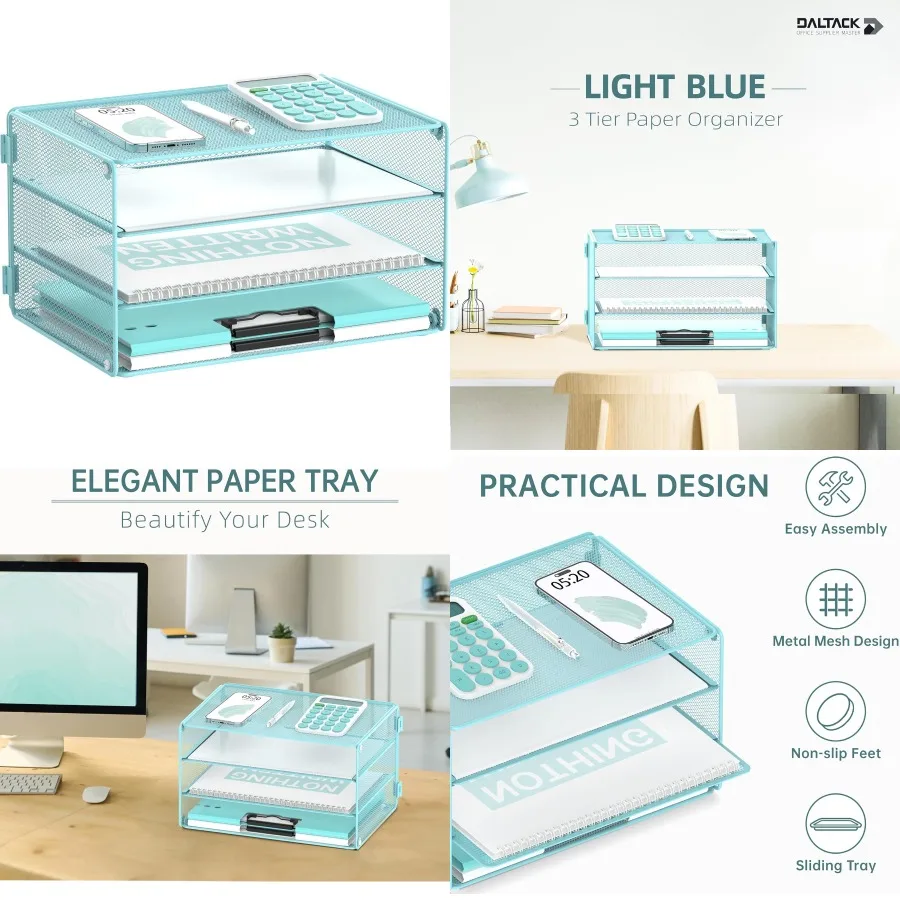 

3-х уровневый лоток для писем, органайзер для бумаги с сетчатым металлическим дизайном для эффективного хранения домашнего и офисного стола, светло-голубой цвет, пространство для экономии места