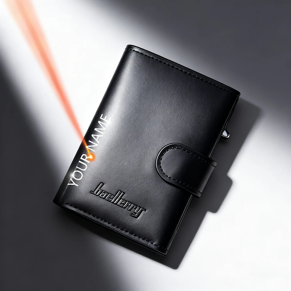 

Baellerry RFID Blocking Wallet for Men Name Engraving Zipper Coin Pocket High Quality Male Popup Card Holder Photo Organizer