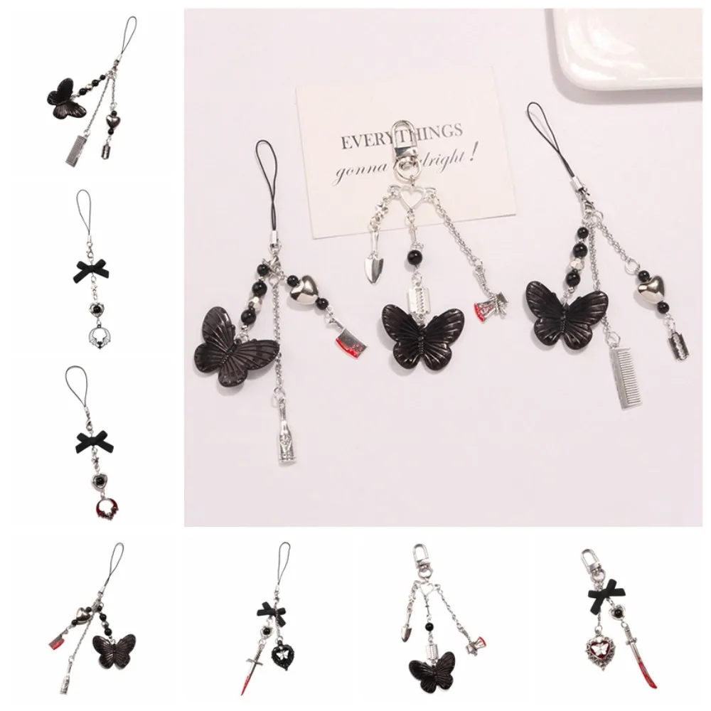 Black Butterfly Y2K Phone Strap Gothic Style Key Cord Mobile Phone Chain Charm Sweet Cool Mobile Keychain Lanyard Phone Pendant