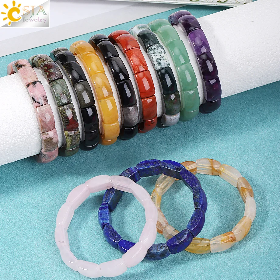 CSJA Kristall-Elastikarmband Vintage Handgefertigter Charm Naturstein Rechteckiges Armband Schmuck Damen Herren Armreif Accessoire H871