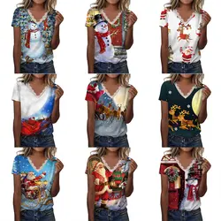 Christmas Women's Short Sleeves T-shirt Fashion Santa Claus Pattern Tops  V-Neck Collar Pullover Tops Tee Ladies Blouse Summer