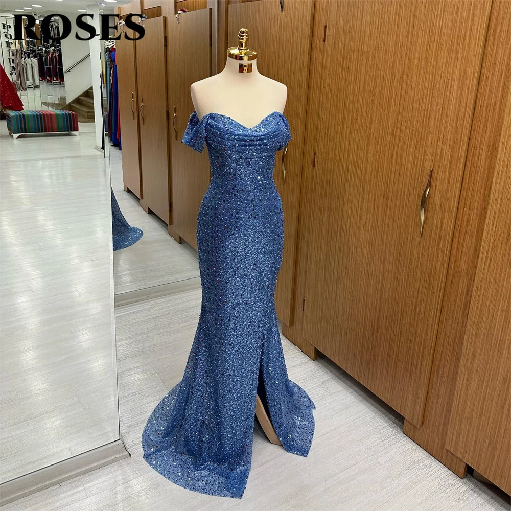 Rose blu abiti da sera Sweetheart Prom Dress Off spalla paillettes Robe De Soirée Glitter Mermaid Side Split Party Dress