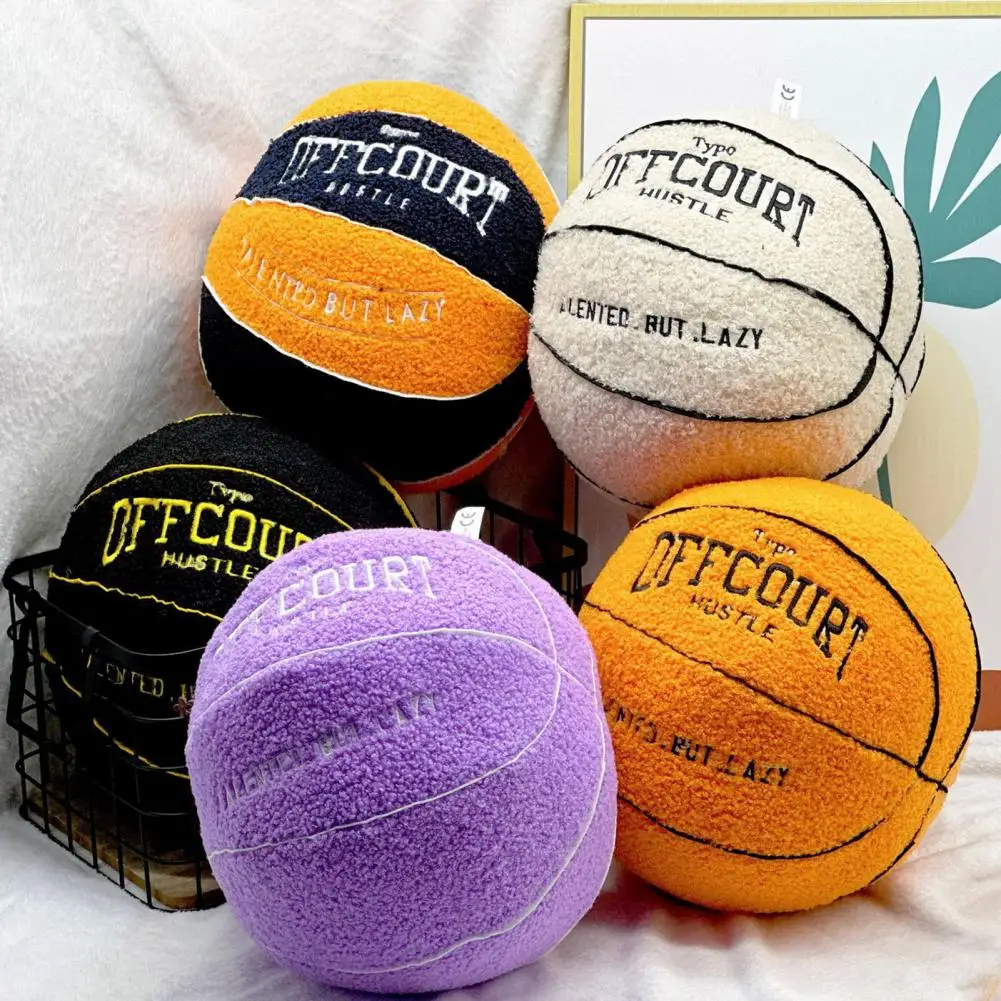 25cm Fluffy Basketball Shaped Pillow Plush Stuffed Decoration Soft Embroidered Off-Court Basketball Throw Pillow Soft Teddy Wool