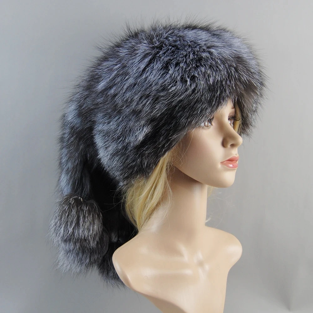 Luxury Women's Russian Ushanka Aviator Trapper Real Fox Fur Bomber Hat Fox Fur Hats Dome Mongolian Hat Natural Raccoon Fur Caps