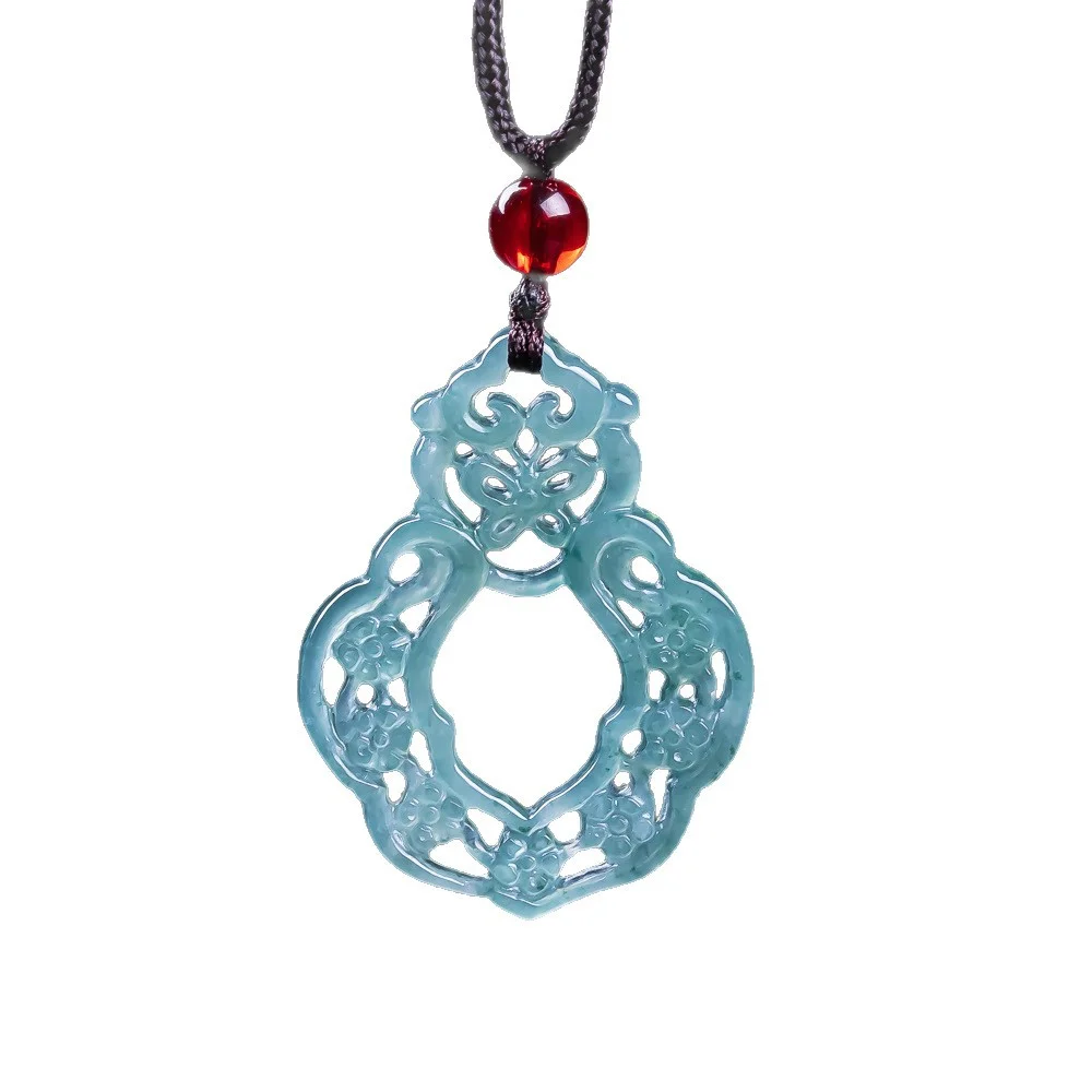 Natural Burmese Emerald Jade Blue Water Double Sided Hollow Out Flower Pendant Jadeite Amulets Fashion Charm Jewelry Gifts