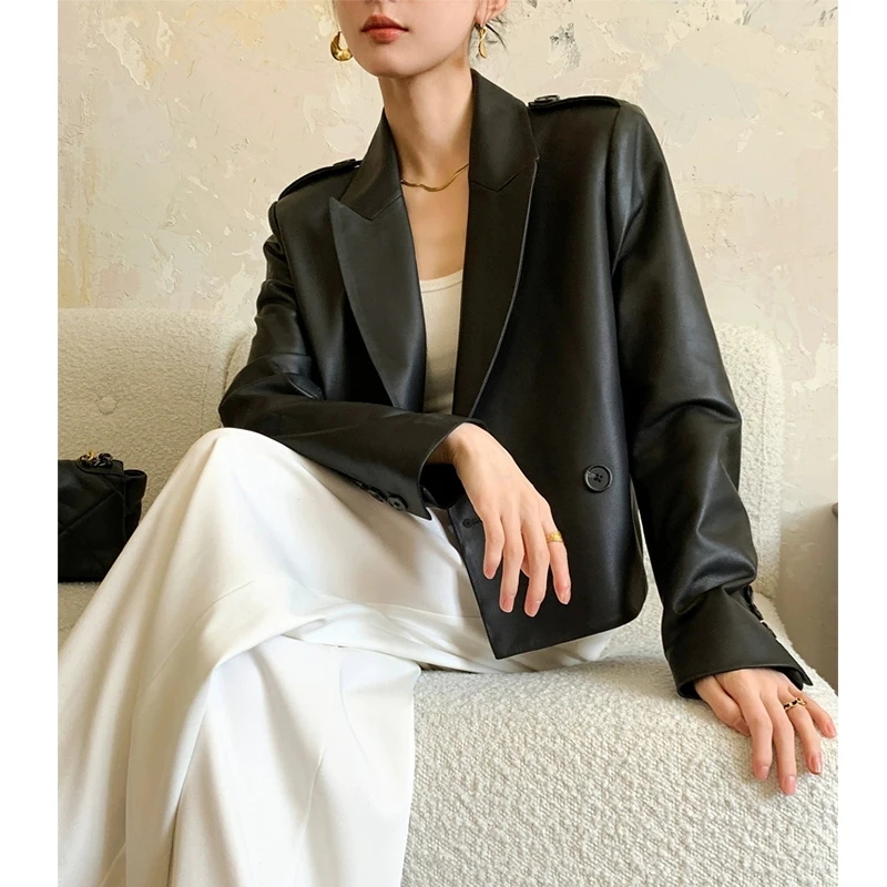 High-quality Sheepskin Leather Jacket 2026 Spring Women High Waist Slim Short Blazer Jacket Chic Ladies Real Leather Suit Coats