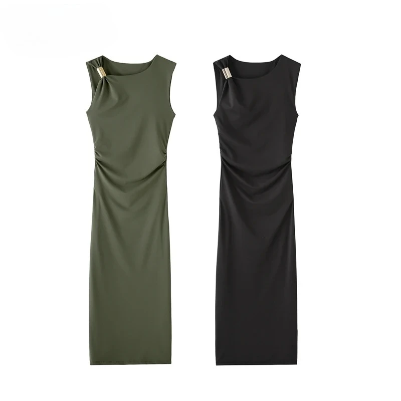 

Summer New Pleated Long Dress Woman Black Sleeveless Midi Dresses Women Draped Dresses Woman Holiday Beach Women Vestidos