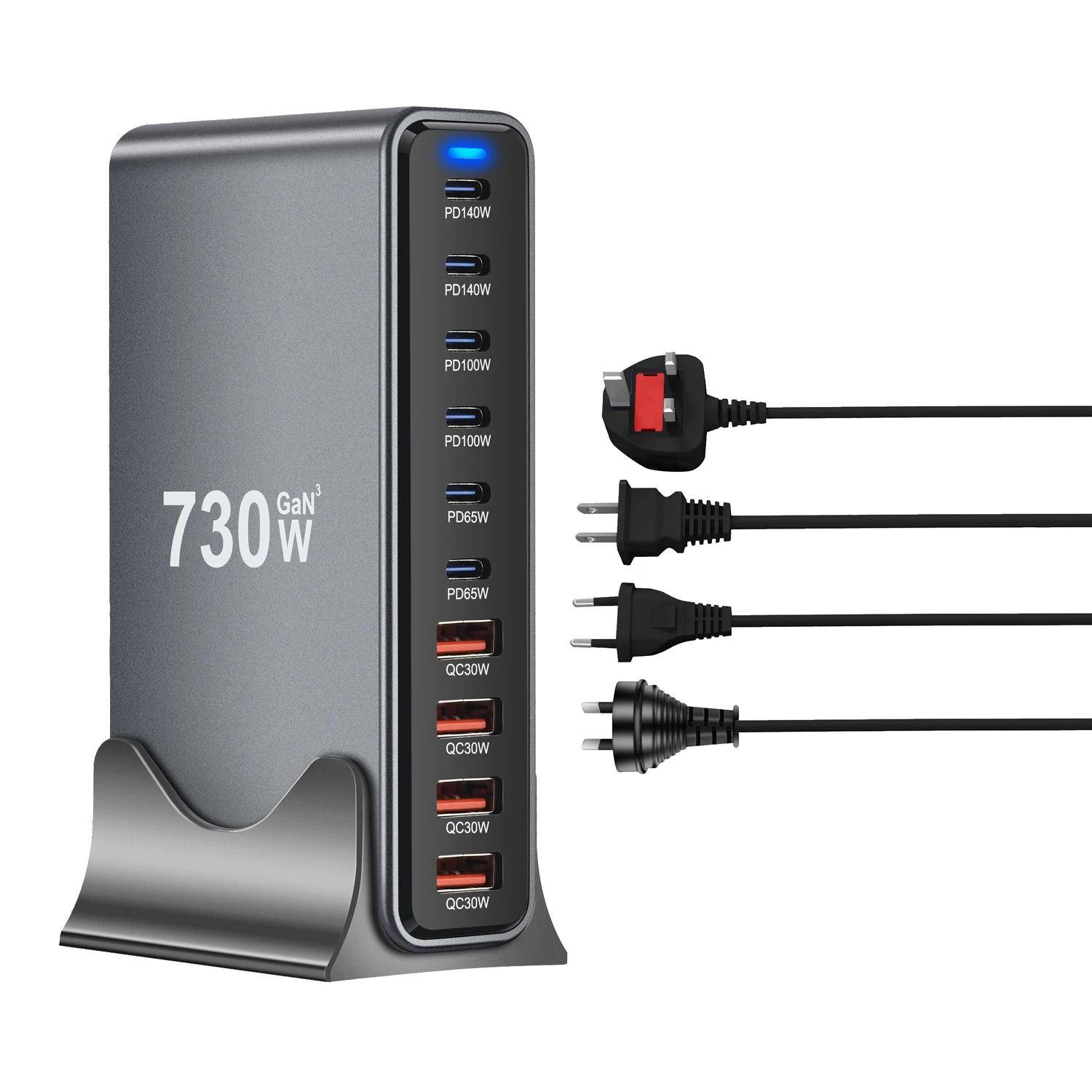 Neues Desktop-Ladegerät 730W GaN 3.0 USB-C PD Ladegerät 10-Port 6C4A Schnellladung für Mobilgeräte & Tablets Tragbares Design – Detail 6
