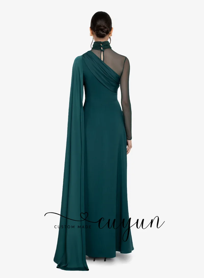 CUYUN Customized Modest Evening Dresses Illusion Patchwork Prom Gown High Collar Long Sleeves Elegant Wedding Party Dress Dinner